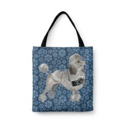 Grey Poodle Dog Denim Style Tote Bag 34 denim dogs tote grey poodle daisy denim front view white