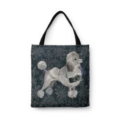 Grey Poodle Dog Denim Style Tote Bag 30 denim dogs tote grey poodle dark damask denim front view white