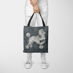 Grey Poodle Dog Denim Style Tote Bag 37 denim dogs tote grey poodle dark damask denim tote woman trowsers front view