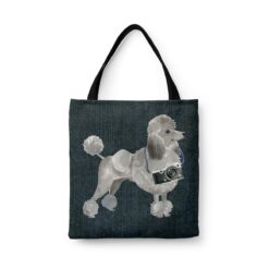 Grey Poodle Dog Denim Style Tote Bag 33 denim dogs tote grey poodle dark denim front view white