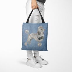 Grey Poodle Dog Denim Style Tote Bag 40 denim dogs tote grey poodle gently faded denim tote woman trowsers walking view