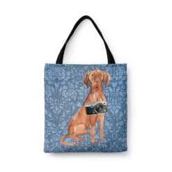 Hungarian Vizsla Dog Denim Style Tote Bag 31 denim dogs tote hungarian vizsla bleached damask denim front view white