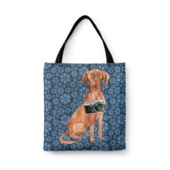 Hungarian Vizsla Dog Denim Style Tote Bag 34 denim dogs tote hungarian vizsla daisy denim front view white