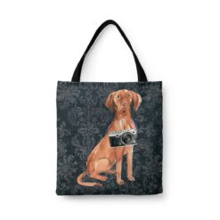 Hungarian Vizsla Dog Denim Style Tote Bag 30 denim dogs tote hungarian vizsla dark damask denim front view white