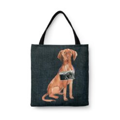 Hungarian Vizsla Dog Denim Style Tote Bag 33 denim dogs tote hungarian vizsla dark denim front view white
