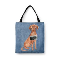 Hungarian Vizsla Dog Denim Style Tote Bag 32 denim dogs tote hungarian vizsla gently faded denim front view white