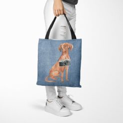 Hungarian Vizsla Dog Denim Style Tote Bag 40 denim dogs tote hungarian vizsla gently faded denim tote woman trowsers walking view
