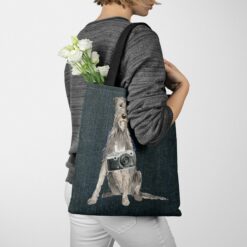 denim dogs tote irish wolf hound dark denim tote woman jumper walking view