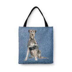 denim dogs tote irish wolf hound gently faded denim front view white