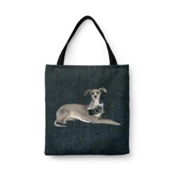 Italian greyhound Dog Denim Style Tote Bag 33 denim dogs tote italian greyhound dark denim front view white