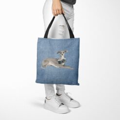 Italian greyhound Dog Denim Style Tote Bag 40 denim dogs tote italian greyhound gently faded denim tote woman trowsers walking view
