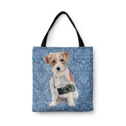 Jack Russell Dog Denim Style Tote Bag 30 denim dogs tote jack russel bleached damask denim front view white