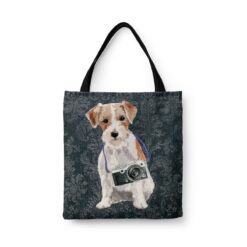 Jack Russell Dog Denim Style Tote Bag 29 denim dogs tote jack russel dark damask denim front view white