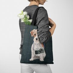 Jack Russell Dog Denim Style Tote Bag 37 denim dogs tote jack russel dark denim tote woman jumper walking view