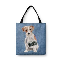 Jack Russell Dog Denim Style Tote Bag 31 denim dogs tote jack russel gently faded denim front view white