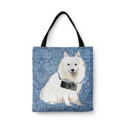 denim dogs tote japanese spitz bleached damask denim front view white