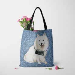 denim dogs tote japanese spitz bleached damask denim tote standing carnations