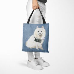 denim dogs tote japanese spitz gently faded denim tote woman trowsers walking view