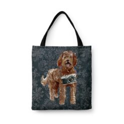 denim dogs tote labradoodle dark damask denim front view white