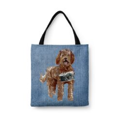denim dogs tote labradoodle gently faded denim front view white