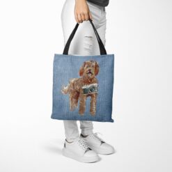 denim dogs tote labradoodle gently faded denim tote woman trowsers walking view