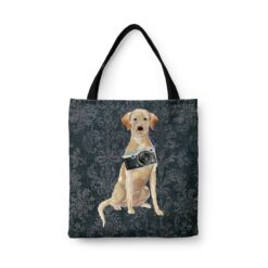 Labrador retriever Dog Denim Style Tote Bag 30 denim dogs tote labrador retriever dark damask denim front view white