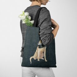 Labrador retriever Dog Denim Style Tote Bag 38 denim dogs tote labrador retriever dark denim tote woman jumper walking view