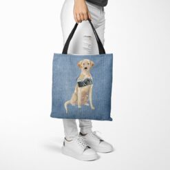 Labrador retriever Dog Denim Style Tote Bag 40 denim dogs tote labrador retriever gently faded denim tote woman trowsers walking view