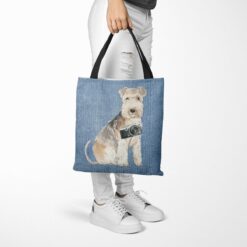 Lakeland Terrier Dog Denim Style Tote Bag 40 denim dogs tote lakeland terrier gently faded denim tote woman trowsers walking view