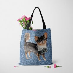 denim dogs tote long haired chihuahua bleached damask denim tote standing carnations