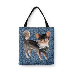 denim dogs tote long haired chihuahua daisy denim front view white