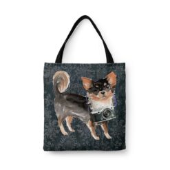 denim dogs tote long haired chihuahua dark damask denim front view white