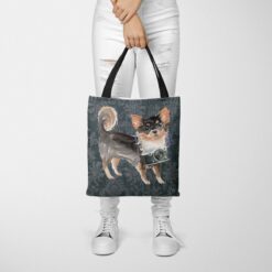 denim dogs tote long haired chihuahua dark damask denim tote woman trowsers front view