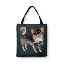 denim dogs tote long haired chihuahua dark denim front view white
