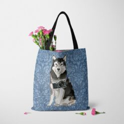 Malamute Dog Denim Style Tote Bag 35 denim dogs tote malamute bleached damask denim tote standing carnations