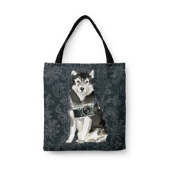 Malamute Dog Denim Style Tote Bag 30 denim dogs tote malamute dark damask denim front view white