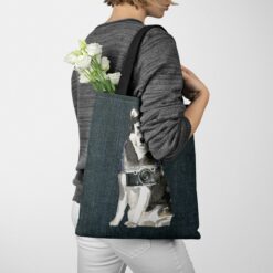 Malamute Dog Denim Style Tote Bag 38 denim dogs tote malamute dark denim tote woman jumper walking view
