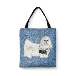 Maltese Dog Denim Style Tote Bag 31 denim dogs tote maltese bleached damask denim front view white