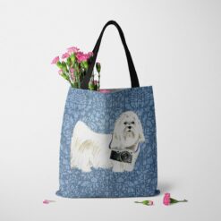 Maltese Dog Denim Style Tote Bag 35 denim dogs tote maltese bleached damask denim tote standing carnations