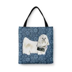 Maltese Dog Denim Style Tote Bag 34 denim dogs tote maltese daisy denim front view white