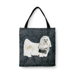 Maltese Dog Denim Style Tote Bag 30 denim dogs tote maltese dark damask denim front view white