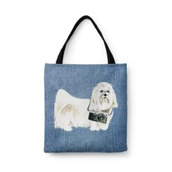 Maltese Dog Denim Style Tote Bag 32 denim dogs tote maltese gently faded denim front view white