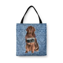 Newfoundland Dog Denim Style Tote Bag 31 denim dogs tote newfoundland bleached damask denim front view white