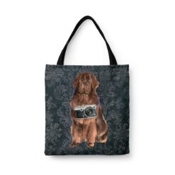 Newfoundland Dog Denim Style Tote Bag 30 denim dogs tote newfoundland dark damask denim front view white