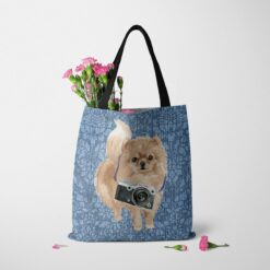 Pomeranian Dog Denim Style Tote Bag 35 denim dogs tote pomeranian bleached damask denim tote standing carnations
