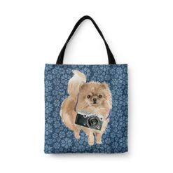 Pomeranian Dog Denim Style Tote Bag 34 denim dogs tote pomeranian daisy denim front view white