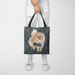 Pomeranian Dog Denim Style Tote Bag 37 denim dogs tote pomeranian dark damask denim tote woman trowsers front view