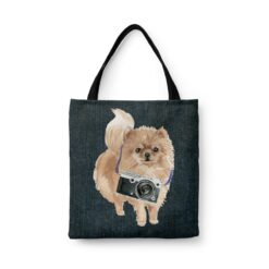 Pomeranian Dog Denim Style Tote Bag 33 denim dogs tote pomeranian dark denim front view white