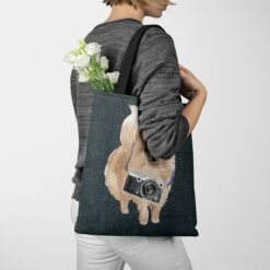 Pomeranian Dog Denim Style Tote Bag 38 denim dogs tote pomeranian dark denim tote woman jumper walking view