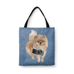 Pomeranian Dog Denim Style Tote Bag 32 denim dogs tote pomeranian gently faded denim front view white